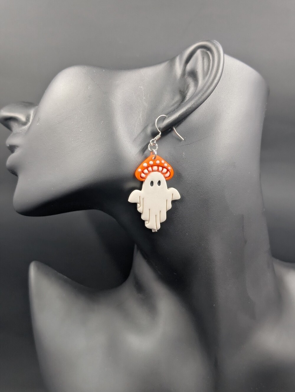 White Ghost & Orange Mushroom Drop Earrings